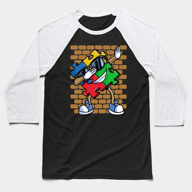 Autism Awareness Dabbing Puzzle Piece Baseball T-Shirt by Rengaw Designs